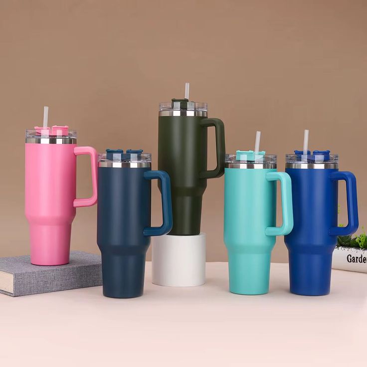 Insulated Stainless Steel Tumbler with Handle and Straw - 40oz (Random Color