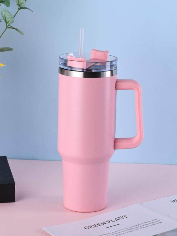 Insulated Stainless Steel Tumbler with Handle and Straw - 40oz (Random Color