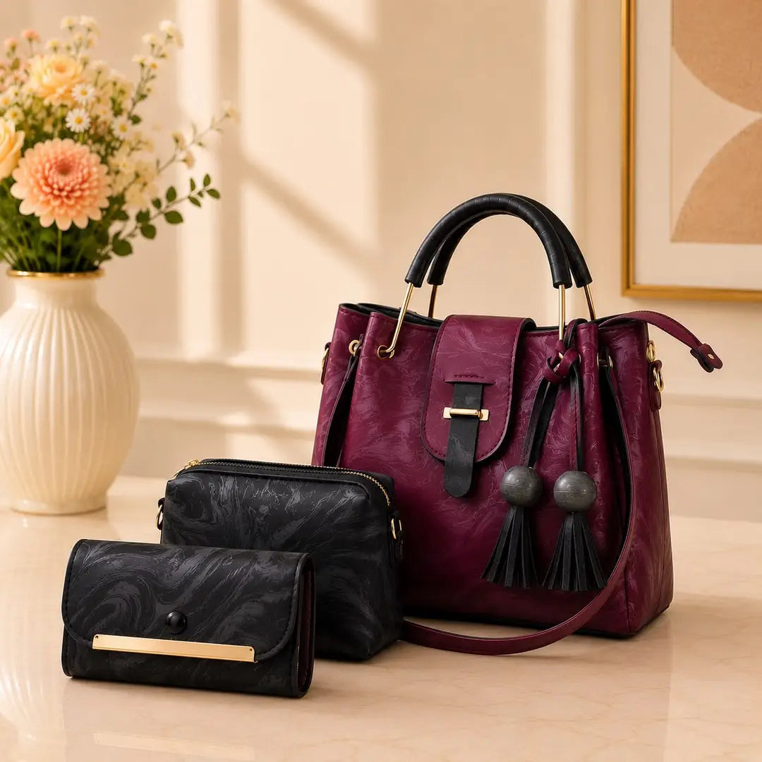 Women's Leather Plain Hand Bag Set