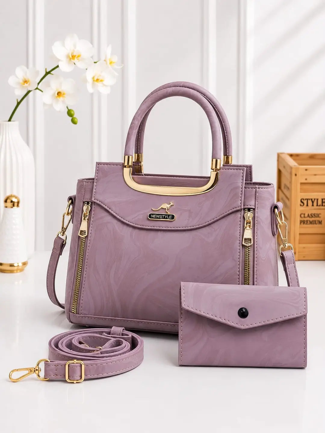 Women's Leather Plain Hand Bag Set