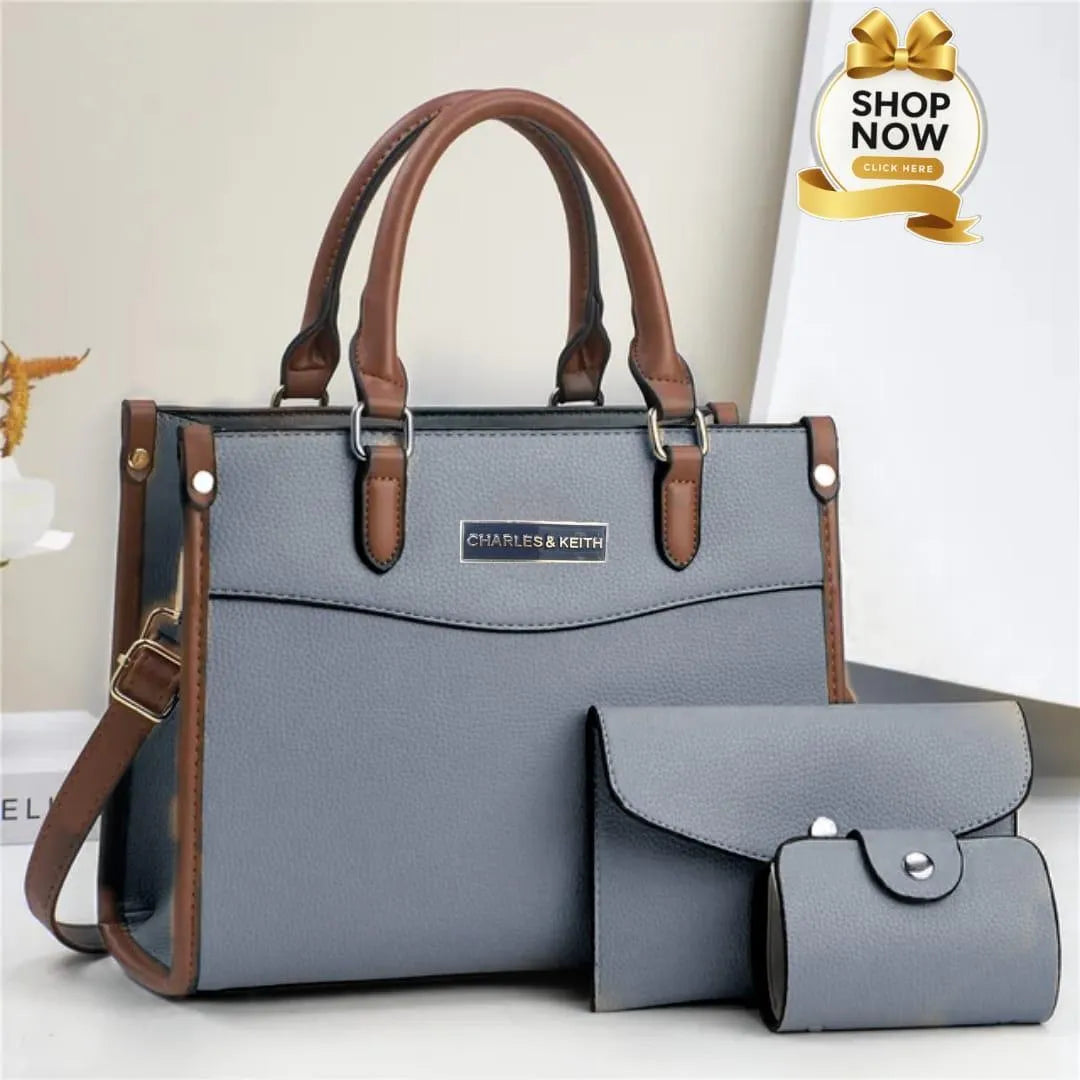 Premium Quality Black Handbag Set with Center Zip & Long Belt