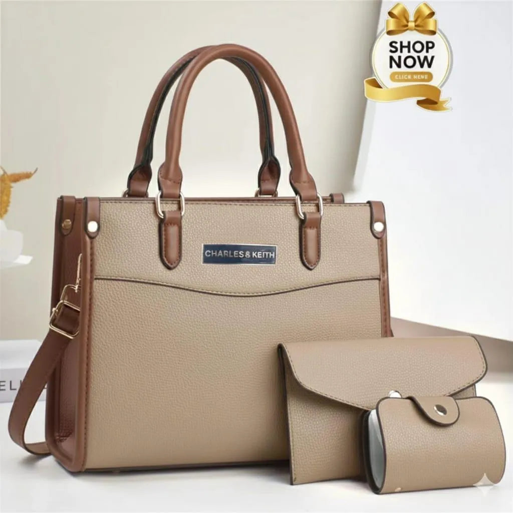 Premium Quality Black Handbag Set with Center Zip & Long Belt