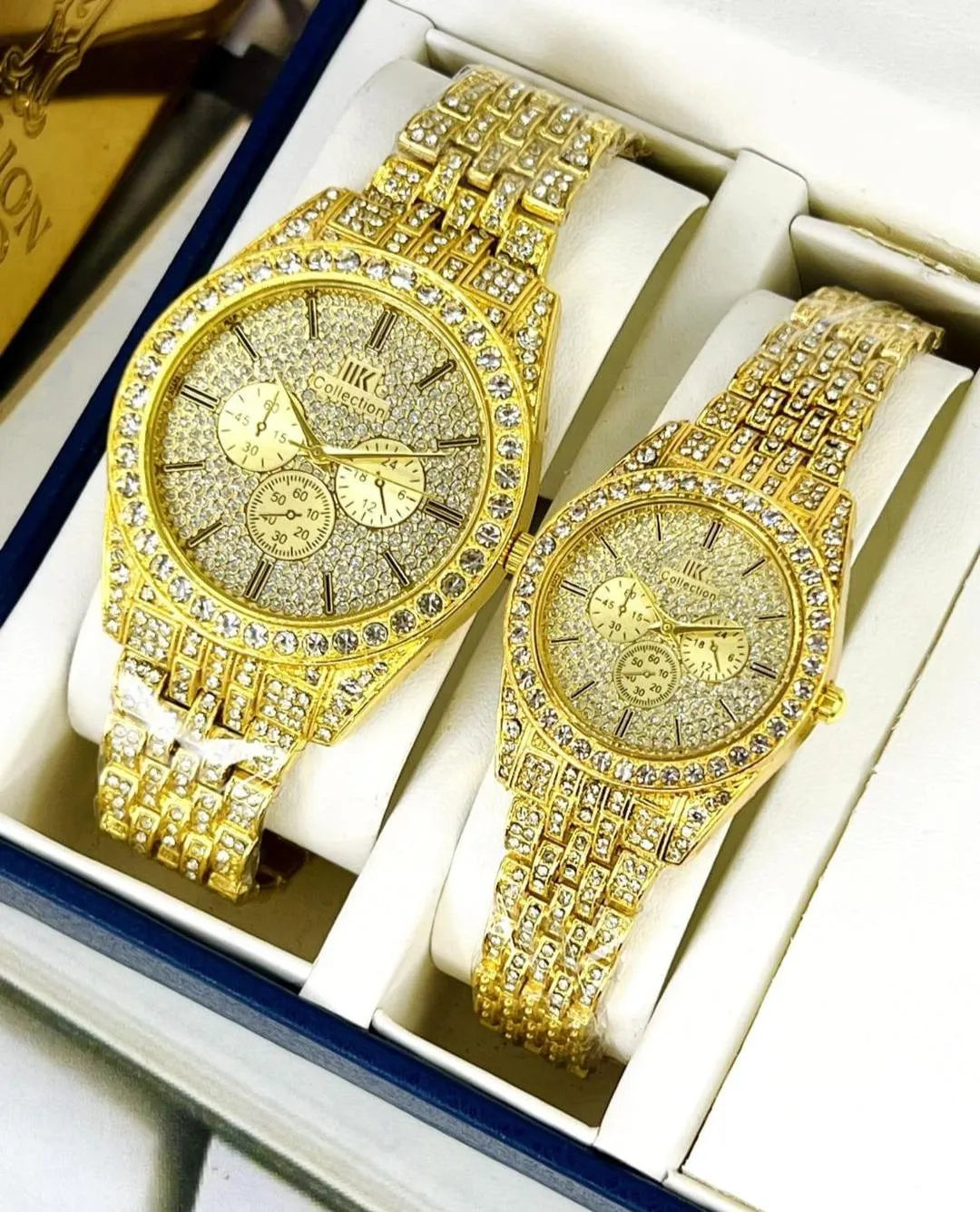 Unisex Rose Gold Couple Watches 2Pcs Crystal Chain Strap