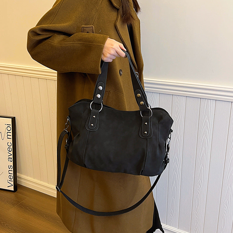Vintage Frosted Leather Handbag for Women, Large Capacity, Adjustable Strap